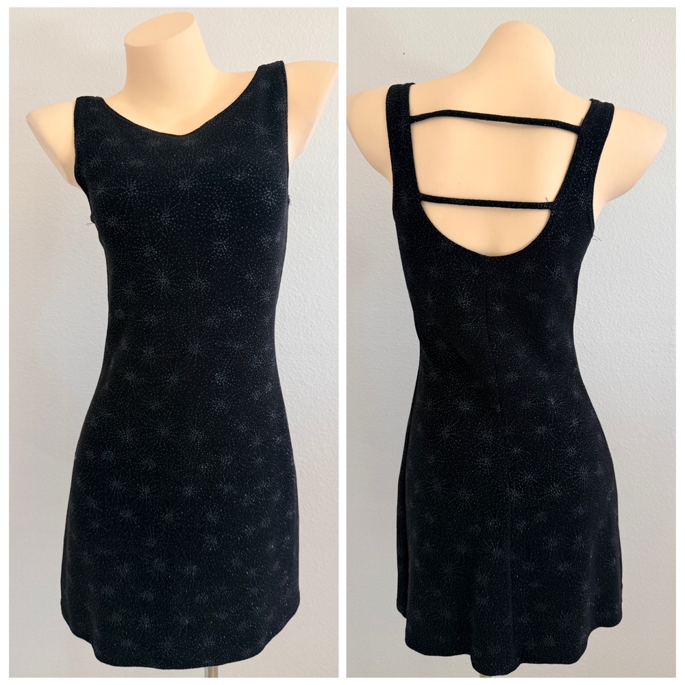 Byer Too 90s Whimsigoth Black Glitter Starburst Strappy Back Mini Dress M vtg